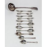 Five Edward VII silver fiddle pattern dessert forks and matching dessert spoons by Elkington & Co