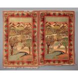 A pair of early 20th Century Kashan pictorial rugs, woven in colours with identical mountainous