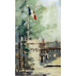 Hayward Veal (1913-1968) - Oil painting - French river scene with bridge, canvas 16ins x 10ins,