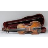 A late 19th Century French full sized violin with figured two piece back (back measurement including
