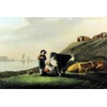 19th Century Continental School - Oil painting - Milkmaid and cattle with male figure beside a river