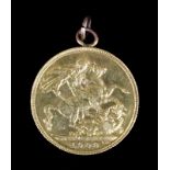 An Edward VII 1908 Sovereign with soldered pendant mount