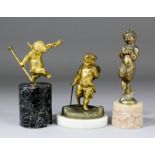 Continental School - Two gilt metal figures - Dancing putti holding a laurel wreath aloft, 3.5ins