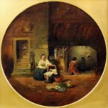 19th Century English School - Oil painting - Cottage interior with figures in a kitchen, canvas