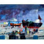 Ray Evans (born 1920) - Acrylic - "Storm over Hastings Beach", 7.25ins x 8.75ins, signed, in painted