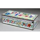 A Chinese enamel rectangular pen box, the cover decorated with a group of figures, the sides