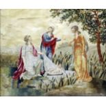 A late 18th Century painted and embroidered silk panel - "The Discovery of Moses", 14ins x 17ins, in