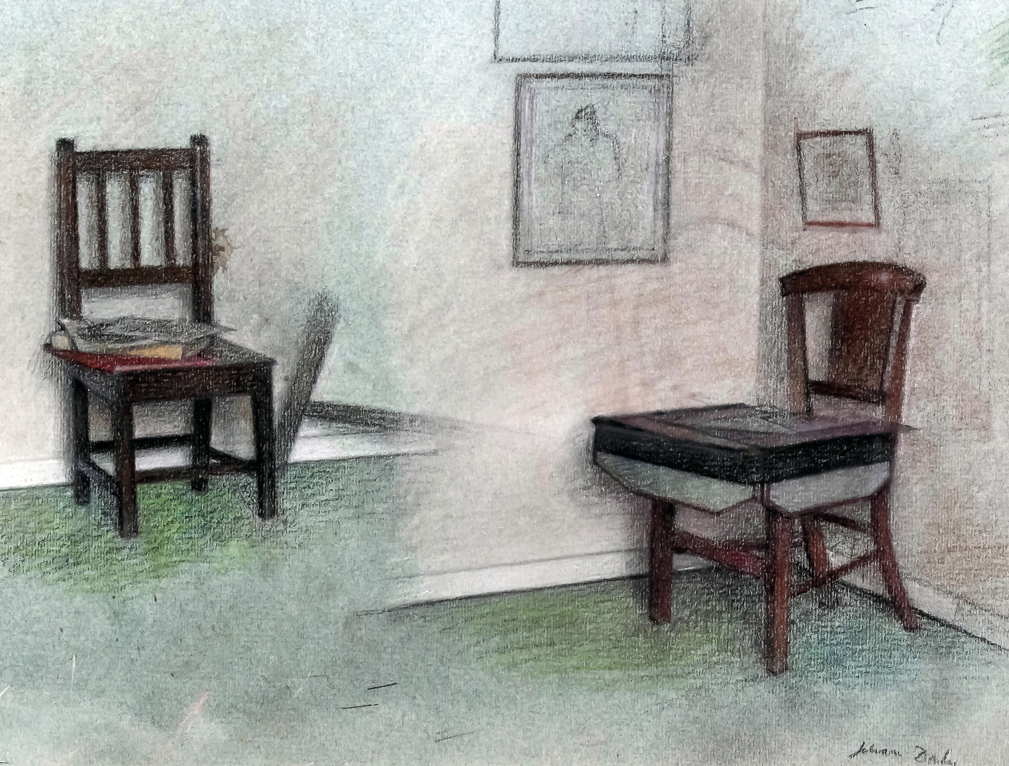 Jehan Daly (1918-2001) - Pastel on blue paper - Study of two chairs and other items, 7.5ins x 10ins,
