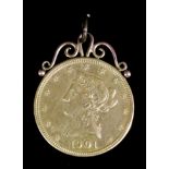 A United States of America 1901 gold Ten Dollar piece with applied pendant mount (gross weight 17.