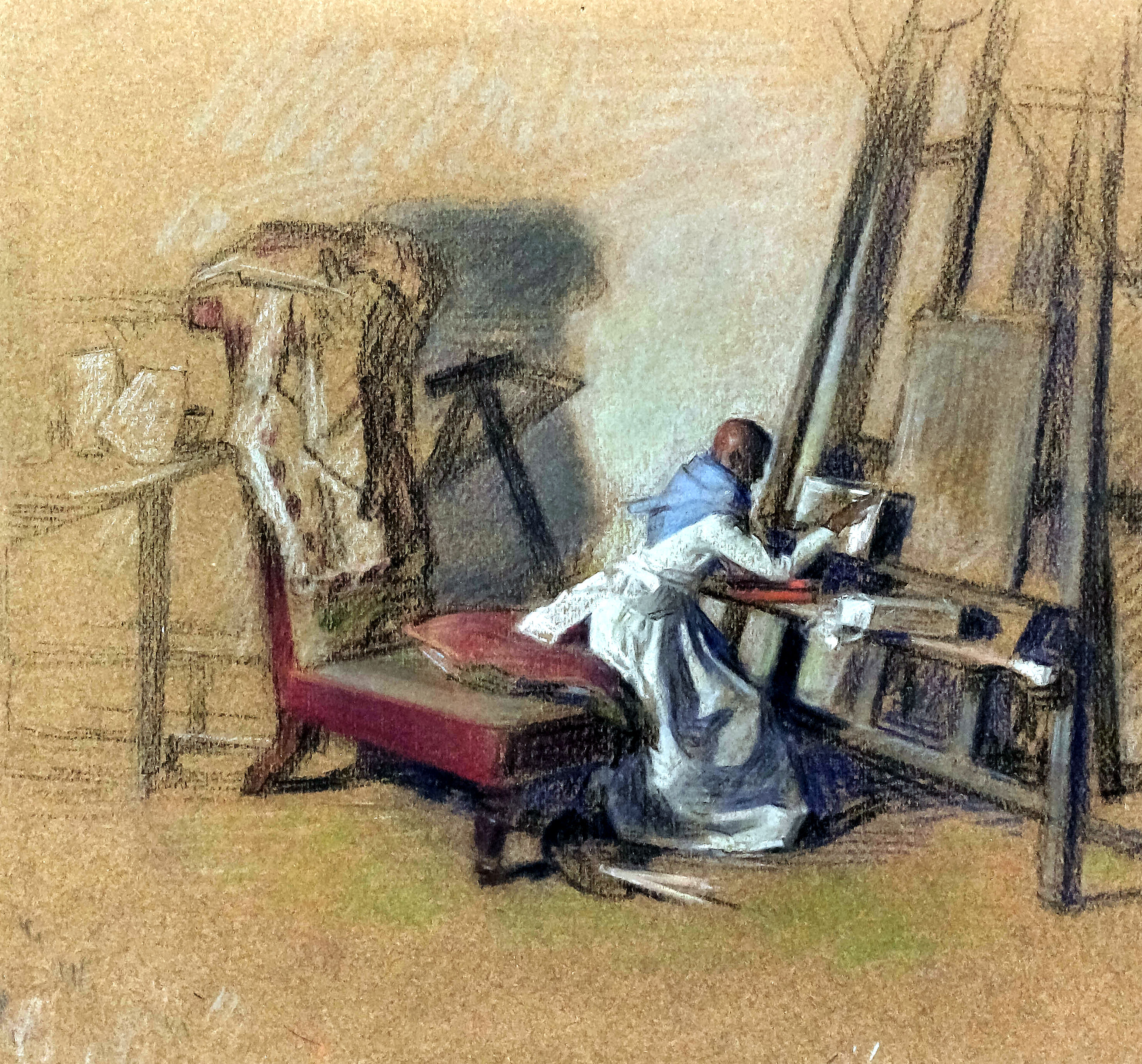Jehan Daly (1918-2001) - Pastel on brown paper - Lay figure at an easel, 11ins x 12ins, signed, with