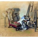 Jehan Daly (1918-2001) - Pastel on brown paper - Lay figure at an easel, 11ins x 12ins, signed, with