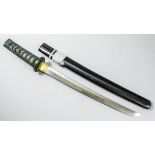 A Japanese Wakizashi, with 14.5ins polished blade, unsigned, blue cotton bound shagreen Tsuka and