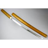 A Japanese Wakizashi in Shirasaya, the 22ins polished blade with visible wave hamon, signed "