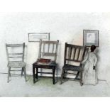 Jehan Daly (1918-2001) - Coloured pastel on blue tinted paper - Study of three chairs with lay