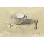 Jehan Daly (1918-2001) - Pastel on buff paper - Study of tea cup, spoon, matches and sugar lumps,