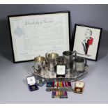 A mixed lot of military and sporting medals, military commission, caricature, tankards and tray, all