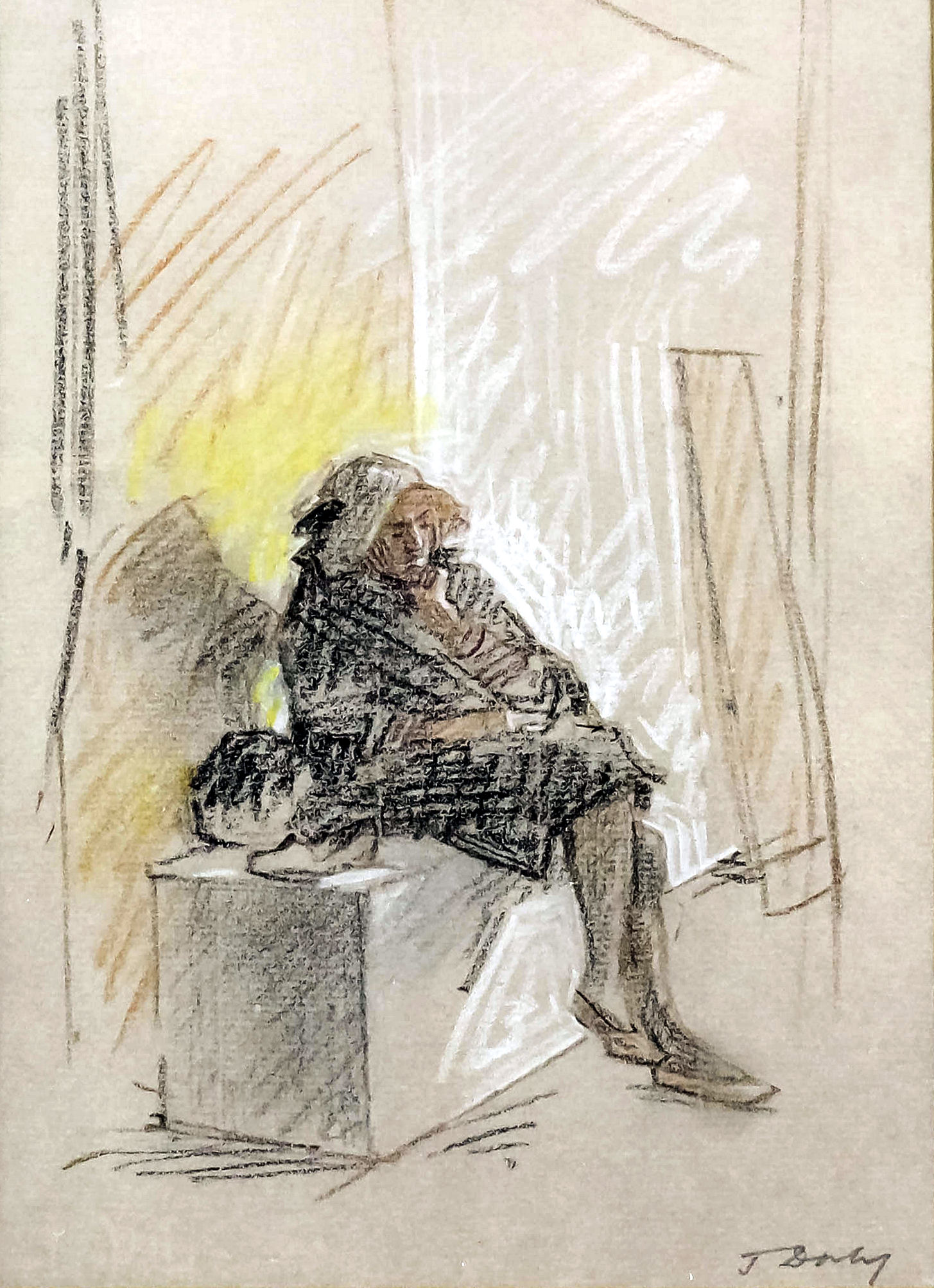 Jehan Daly (1918-2001) - Coloured pastel on grey paper - "The Waiting Room", 8.5ins x 6ins,