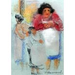Mary Hammond (born 1928 - Australia) - Two coloured pastel drawings - Studies of figures shopping (