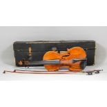 A Late 19th Century French full sized violin with figured two piece back, back measuring excluding