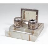 A George V silver mounted and onyx desk calendar/inkstand, 5.75ins square x 4ins high, the silver