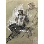 Jehan Daly (1918-2001) - Pastel on grey paper - "Busker" - Study of an accordian player, 11ins x 8.