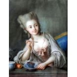 18th Century French School - Pastel drawing - Young woman seated at a table drinking hot