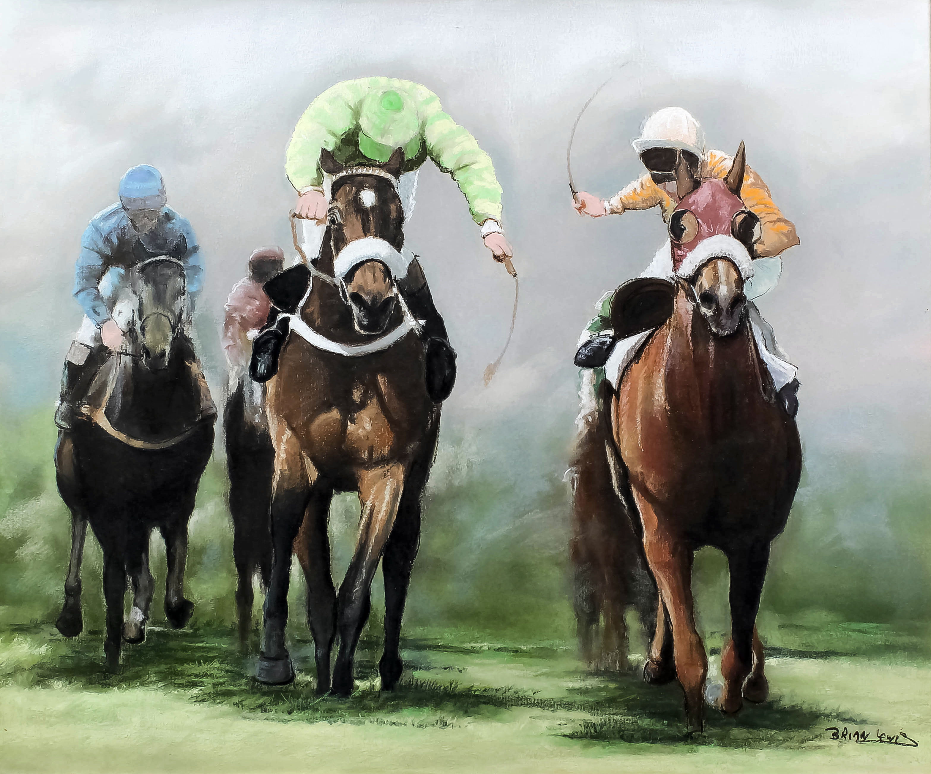 Brian Lewis (20th Century) - Pastel - Horseracing scene, 19.75ins x 23.5ins, signed, in gilt moulded