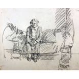 Jehan Daly (1918-2001) - Pencil drawing - Elderly lady seated on a bed, 10.5ins x 13ins, unsigned (