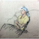 Jehan Daly (1918-2001) - Pastel on grey paper - Portrait of a seated woman wearing a blue headscarf,