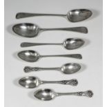 Four William IV silver Kings pattern dessert spoons, possibly by R.C. (maker's mark rubbed),