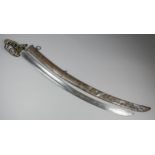 A 19th Century sabre, the 30ins curved steel blade with pierced brass guard, wire bound leather grip