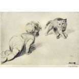 J. H. Dowd (1883-1956) - Etching - Child and cat, 4ins x 6ins, signed within image and in pencil