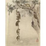 Japanese school - Watercolour- Chain of monkey's hanging from a branch, 12.5ins (315mm) x 9.5ins (