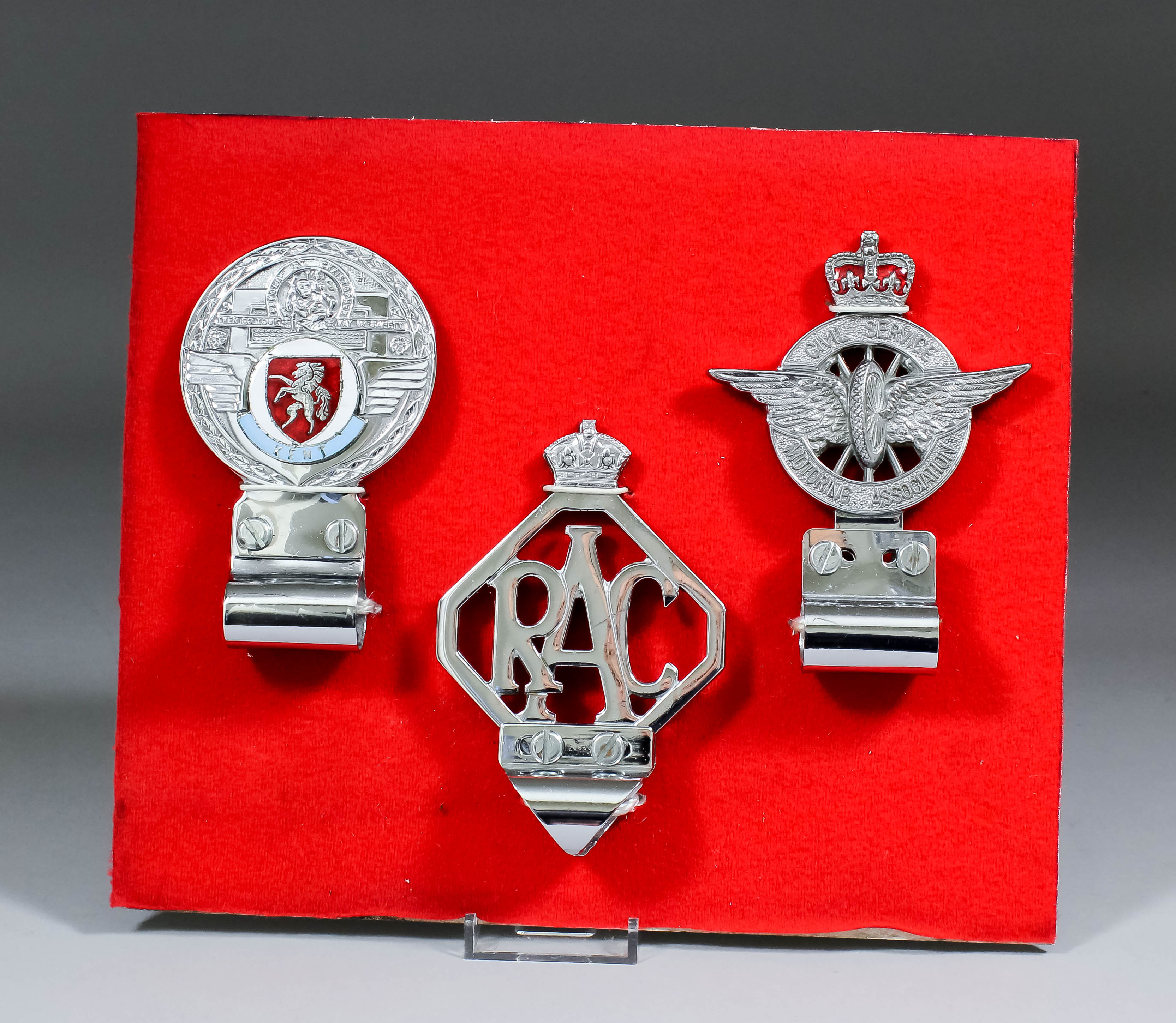 Three chrome car badges, comprising - St Christopher with enamel Kent Invicta, RAC, and Civil