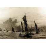 William Lionel Wyllie (1851-1931) - Etching - "London River 1900" - Barges and other shipping on the