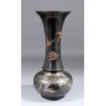 A Japanese bronze vase inlaid in silver with bamboo and applied with sparrows with silver and copper