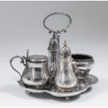 A Victorian silver four division cruet with bead mounts and engraved with floral swags, by George