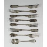 Six Victorian silver fiddle pattern dessert forks by Chawner & Co, London 1862 and 1866, and two