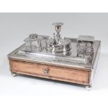 A George III Sheffield Plate mounted satinwood and rosewood banded rectangular inkstand with gadroon