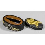 A good Shakudu Kashira (end cap) and Fuchi (front cap) from a Samurai sword, signed Teruhide (