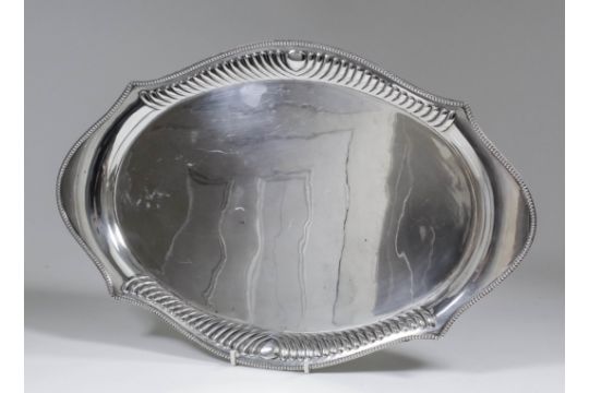 An Indian silvery metal oval tray, the shaped rim with bead mounts and partly reeded, 18ins x - Image 5 of 5