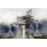 ***Attributed to Mangiro Terauchi (1890-1964) - Pair of watercolours - View of a Japanese temple and