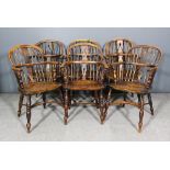 A Harlequin set of six 19th Century "Nottinghamshire" ash and elm low two tier stick back Windsor