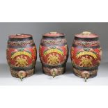 A good set of three 19th Century two gallon brown stoneware spirit barrels, the bodies moulded