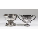 A George V silver circular chalice of slightly hammered finish with band worded "Soli Deo Honor Et