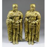 A pair of early 20th Century cast brass standing figures of Roman Centurions, the backs stamped in