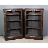 A good pair of  early Victorian rosewood open front dwarf bookcases with rounded front corners,