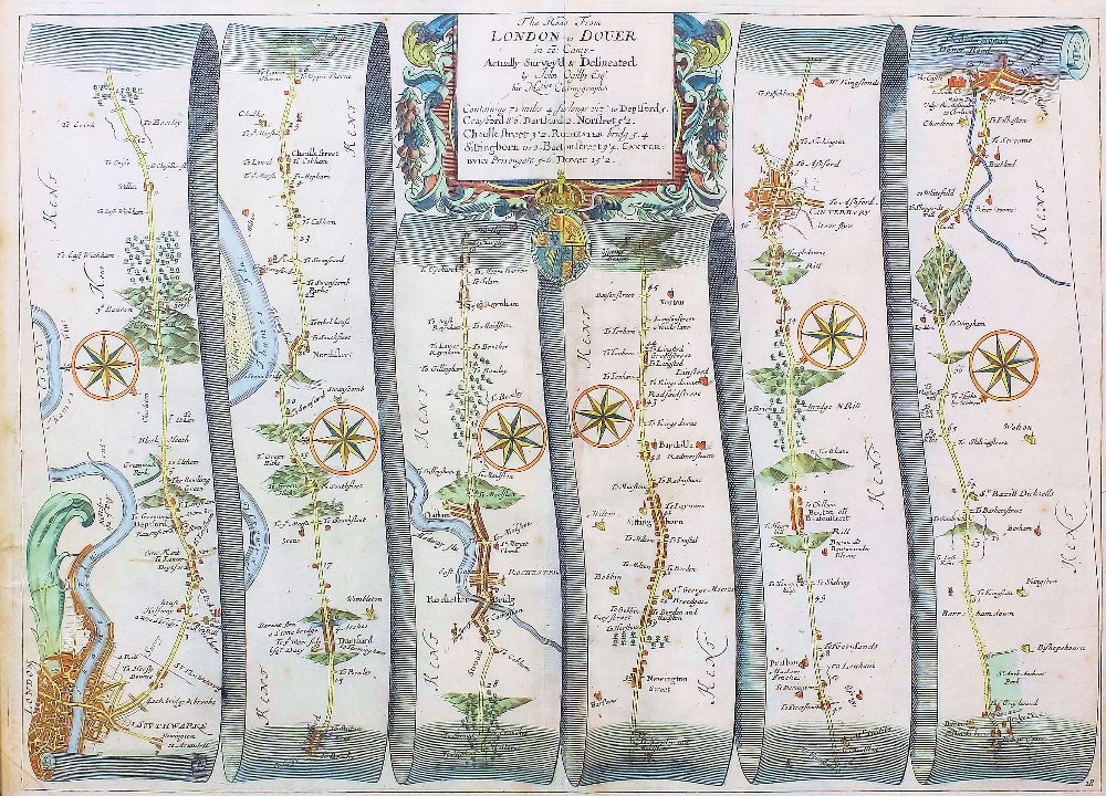 John Ogliby (1600-1675) - Coloured engraving - Map of "The Road from London to Dover", 12.5ins x