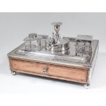 A George III Sheffield plate mounted satinwood and rosewood banded rectangular inkstand with gadroon