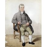 19th Century English School - Watercolour - Full length portrait of a seated man, 8.5ins x 6.5ins,